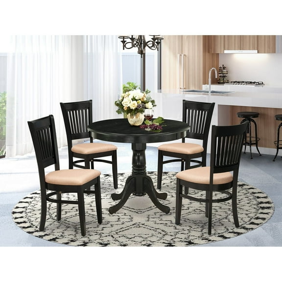 5 Piece Dining SetKitchen Table & 4 Wooden ChairsLinen Fabric SeatsBlack Finish