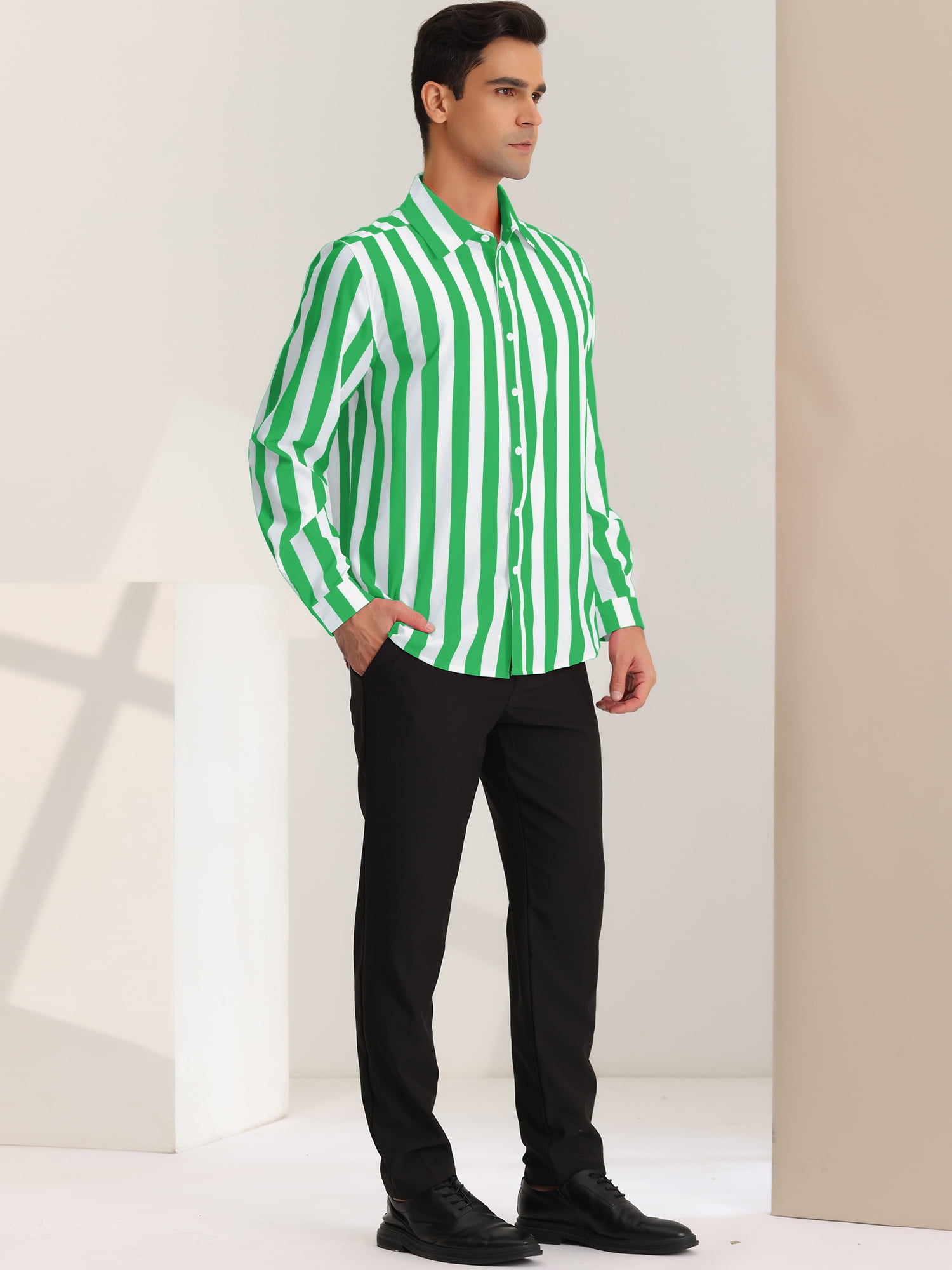 Unique Bargains Men's Casual Striped Long Sleeves Button Down Dress Shirts S Green White
