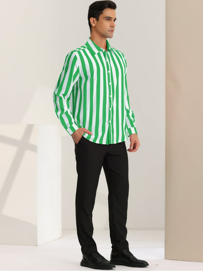 Unique Bargains Men's Casual Striped Long Sleeves Button Down Dress Shirts  2XL Green White