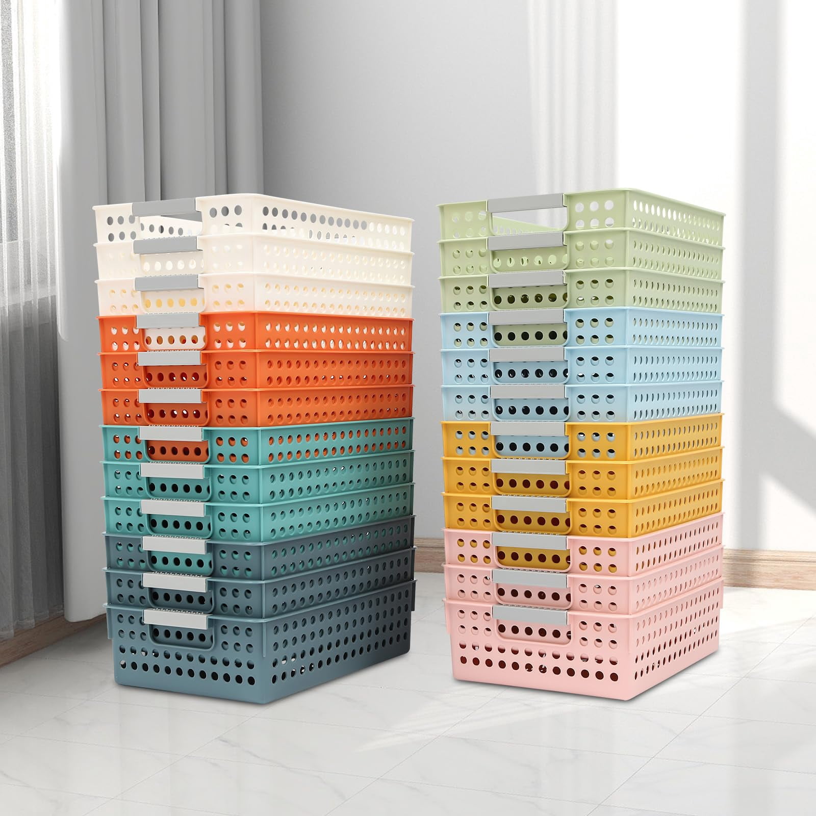 24 Pack Colorful Mesh Classroom Baskets, Classroom Storage Bin Book Basket- 11.8x8.5x3.3 Inch Stackable Storage Bins for School Supplies, Toys, Crafts, Organizer Bins for Papers, Books, Crayons