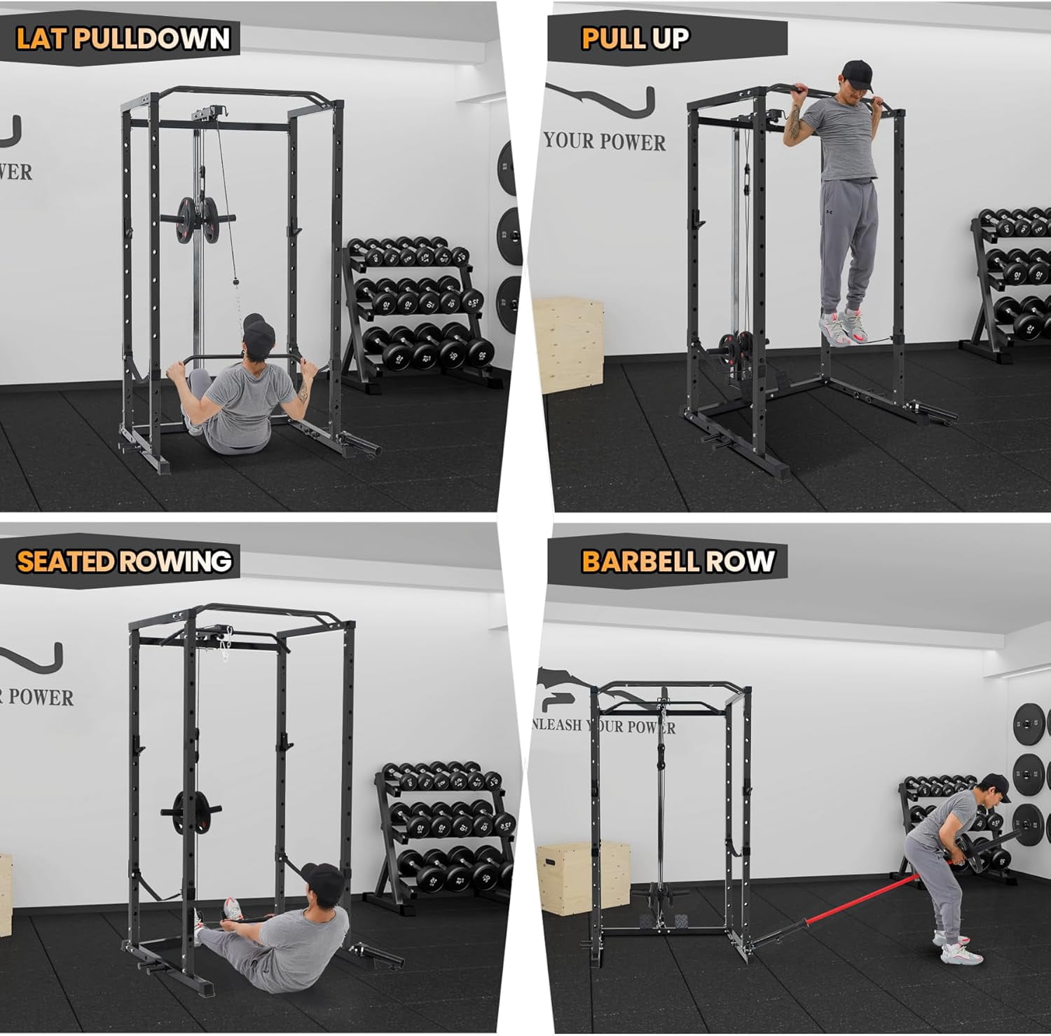 Hetoy 1600 Lbs Power Rack for Home Gym Squat Rack with Cable Pulley System & LAT Pull Down Workout Cage Strength Training Weight Cage with Dip Bar & J Hooks for Multiple Exercises,Black