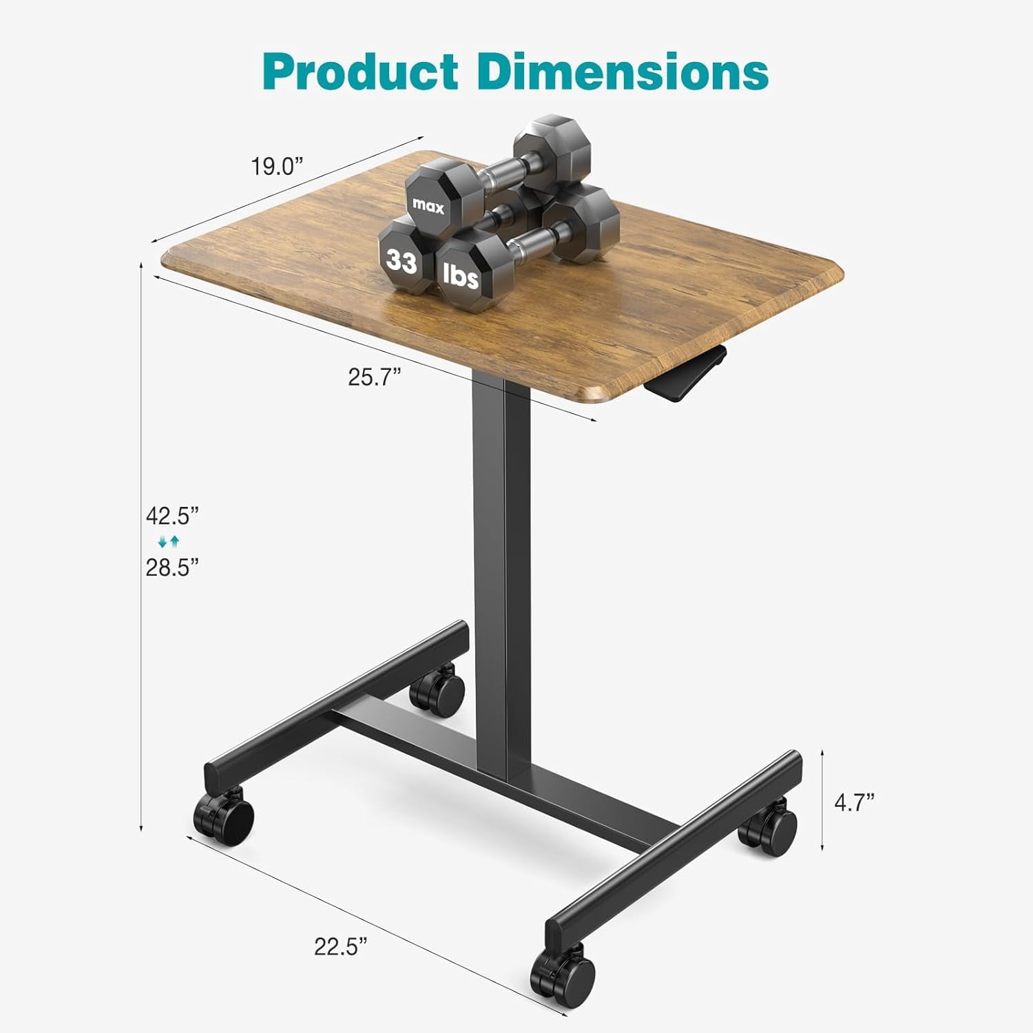 Small Standing Desk, Mobile Stand up Desks with Lockable Wheels, Adjustable Height, 26 Inch Portable Rolling Laptop Computer Desks for Home, Brown