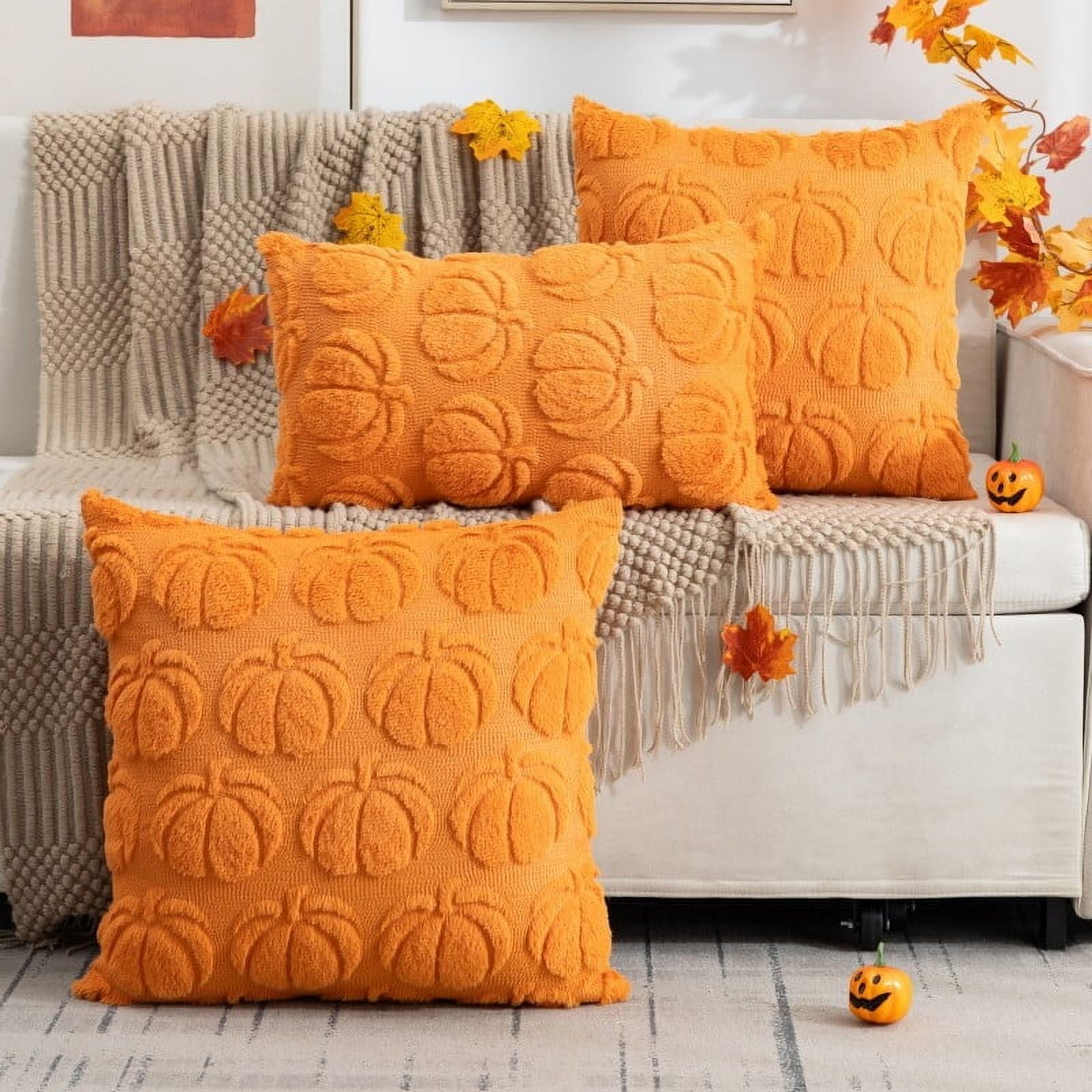 Fall Pillow Covers 18x18 Set of 4 Fall Decorations Thanksgiving Autumn Pumpkin Throw Pillow Cases Soft Plush Faux Fur Wool Couch Cushion Case for Chair Sofa Bedroom Living Room Home Decor