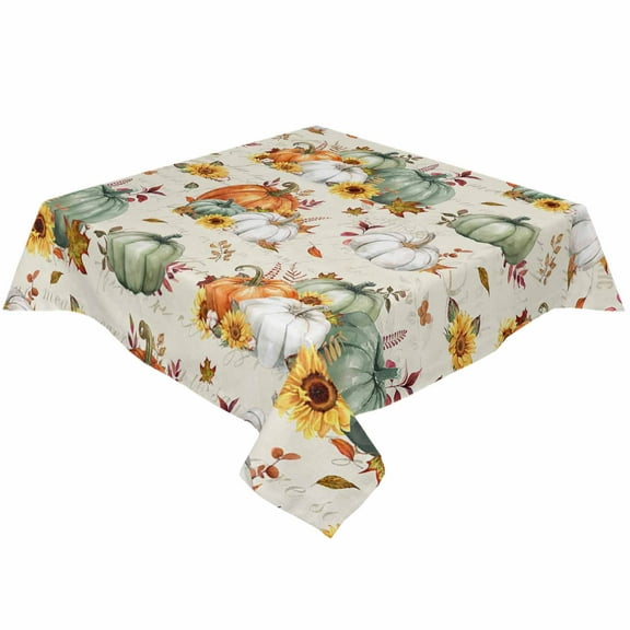 Fall Thanksgiving Square/Round Tablecloths 52x52,Sage Green Orange White Pumpkins Sunflower Table Cloth Table Cover Indoor/Outdoor Tabletop Decor for Wedding Holiday Party Dinner Baby Shower