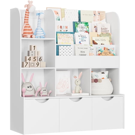 FOTOSOK 47'' Kids Bookcase and Bookshelf, Multifunctional Bookcase with 5 Storage Cubbies and 3 Movable Drawers, Bookcase Display Stand, Toy Storage Organizer for Bedroom, Playroom, Hallway, White