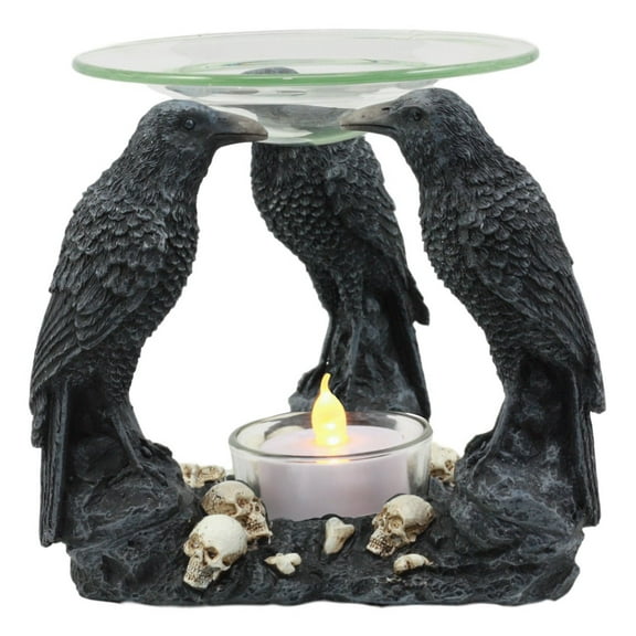 Ebros Skull Graveyard With Three Ravens Oil Warmer Statue Wax Tart Burner Aroma Scent Diffuser Resin Three Eyed Raven Gothic Themed Decorative Figurine