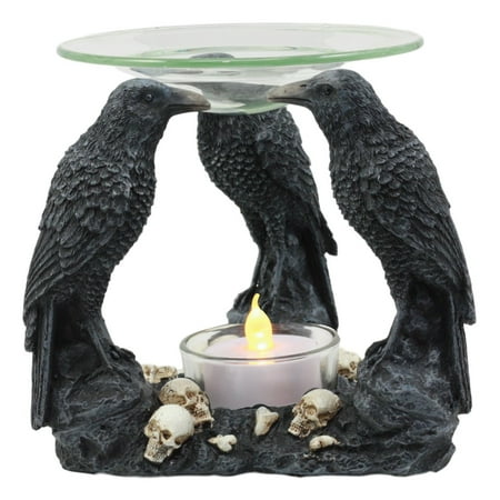 Scent Burners Wax Ebros Skull Graveyard With Three Ravens Oil Warmer Statue Wax Tart Burner Aroma Scent Diffuser Resin Three Eyed Raven Gothic Themed Decorative Figurine ()