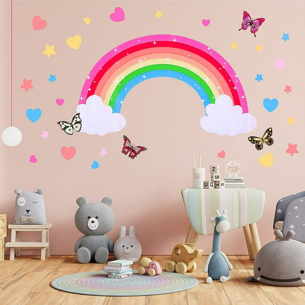 Yundap Rainbow Wall Decals Removable Star Butterfly Heart Wall Sticker Watercolor Star Rainbow Wall Sticker Vinyl Girls Room Decorations For Nursery B
