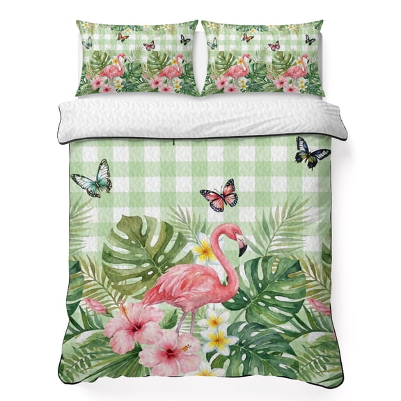 Quilts Queen Size Bedding Set, Pink Flamingo Lightweight Quilted Comforter, Summer Tropical Palm Leaf Floral Green Plaid Reversible Bedspread Coverlet with Pillow Covers for All Season, 90" x 96"