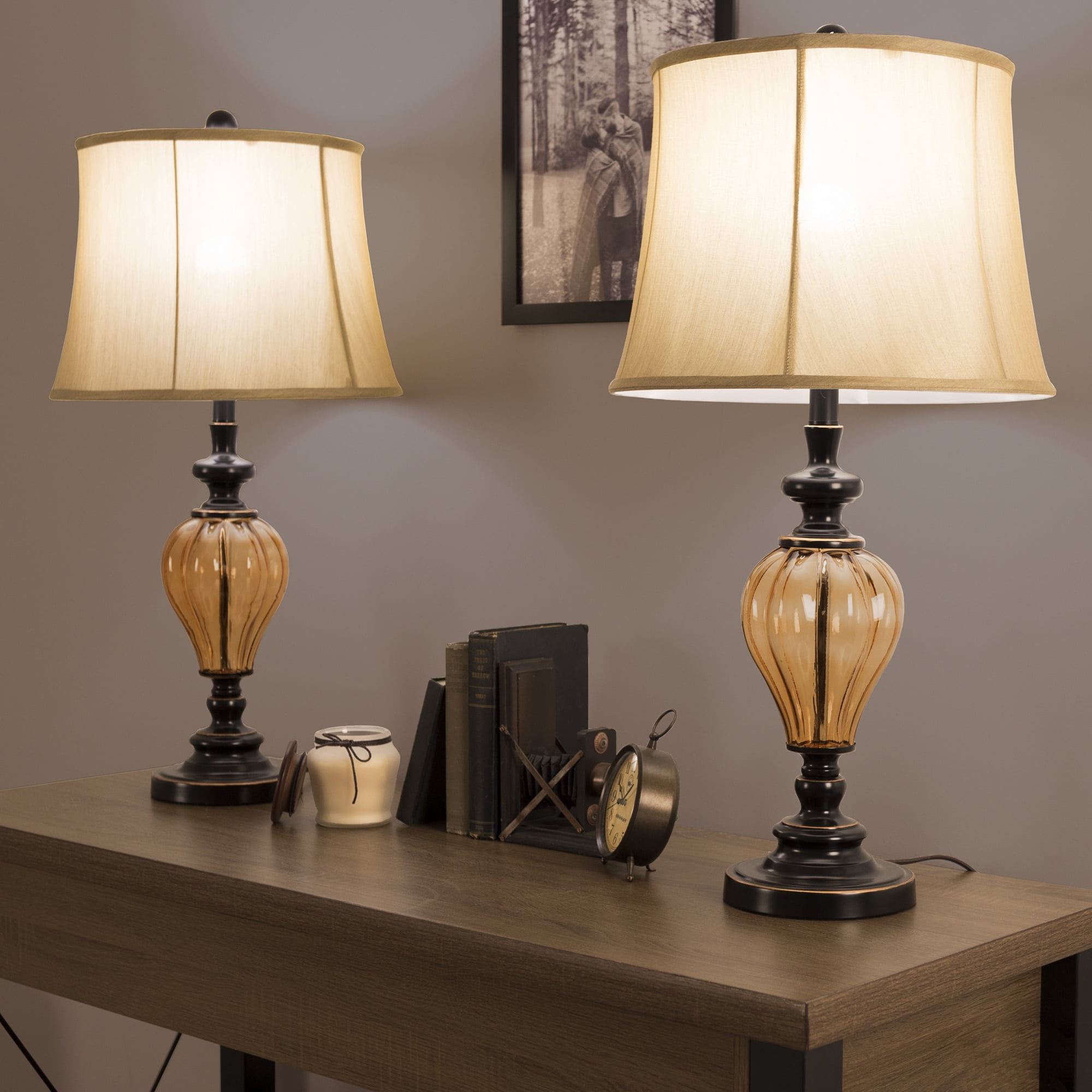 Table Lamps Set of 2, Amber Glass (2 LED Bulbs included) by Lavish Home