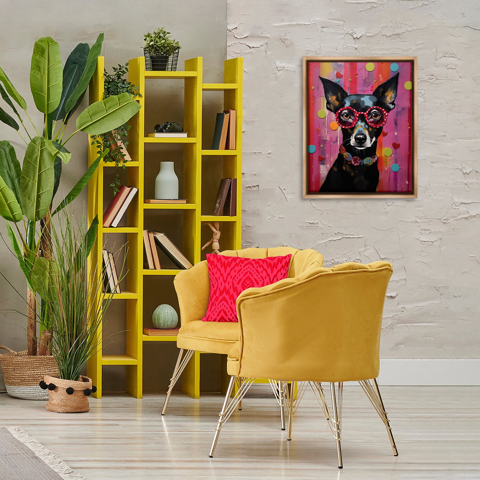 Stupell Industries Dobermann Dog with Glasses Animals Painting Brown Floater Framed Canvas Art Print Wall Art, 17 x 21