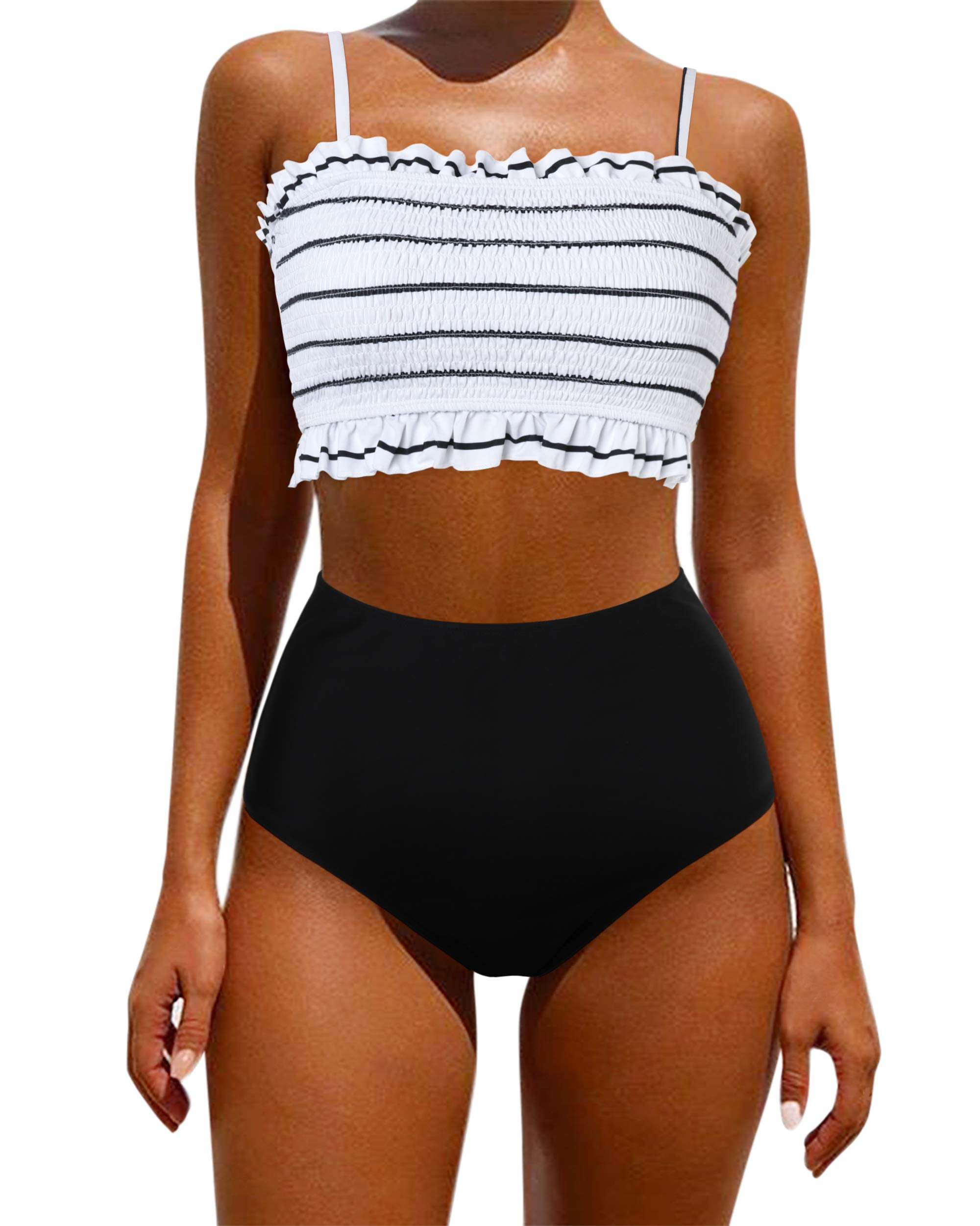 Tussen merk Hijsen OMKAGI Women's Bandeau Bikini Sets Cute Shirred Swimsuit High Waisted  Bathing Suit(S,58-Black White) - Walmart.com