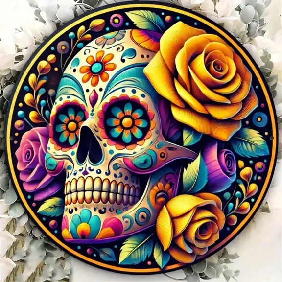 HELLOYOUNG 8x8 Inch Metal Sugar Skull Wreath, Day of The Dead Outdoor Wall Decor for Porch, Halloween Home Decoration, Rustic Indoor Hanging Ornament