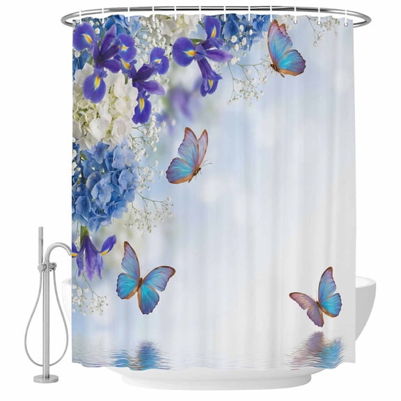 Purple White Flowers Bathroom Shower Curtains with Hooks, Butterflies Blue Hydrangea Gradient Waterproof Fabric Washable Shower Curtain for Home Hotel Bathtub Decor 54x78 Inch