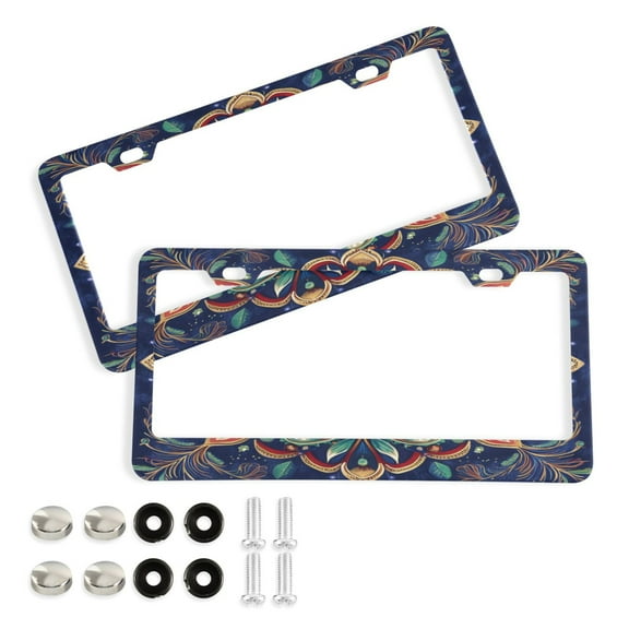 2 Pack Aluminum Alloy License Plate Frame Universal Car License Plate Cover with 2 Holes with Free Screws Vibrant Mandala Pattern