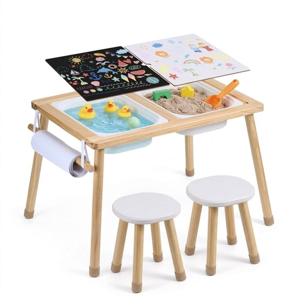 Wooden Toddler Sensory Table and Chair Set, 3-Piece Kids Activity Table with 2 Stools and 2 Storage Bins