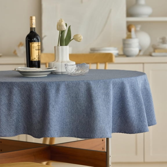 Waterproof Faux Linen Rustic Farmhouse Table Cloth for Round Table, Texture Wrinkle-free Outdoor Table Cover for Party, Wedding, Picnics, Patio Table (60 Inch, Round (2-4 Seats), Denim Blue)