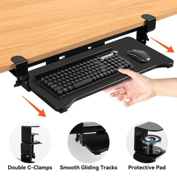 VUSIGN  Keyboard Tray Under Desk, Height Adjustable, 26.4” x 11.8” Pull Out with  C Clamp for L Shape Table, Black