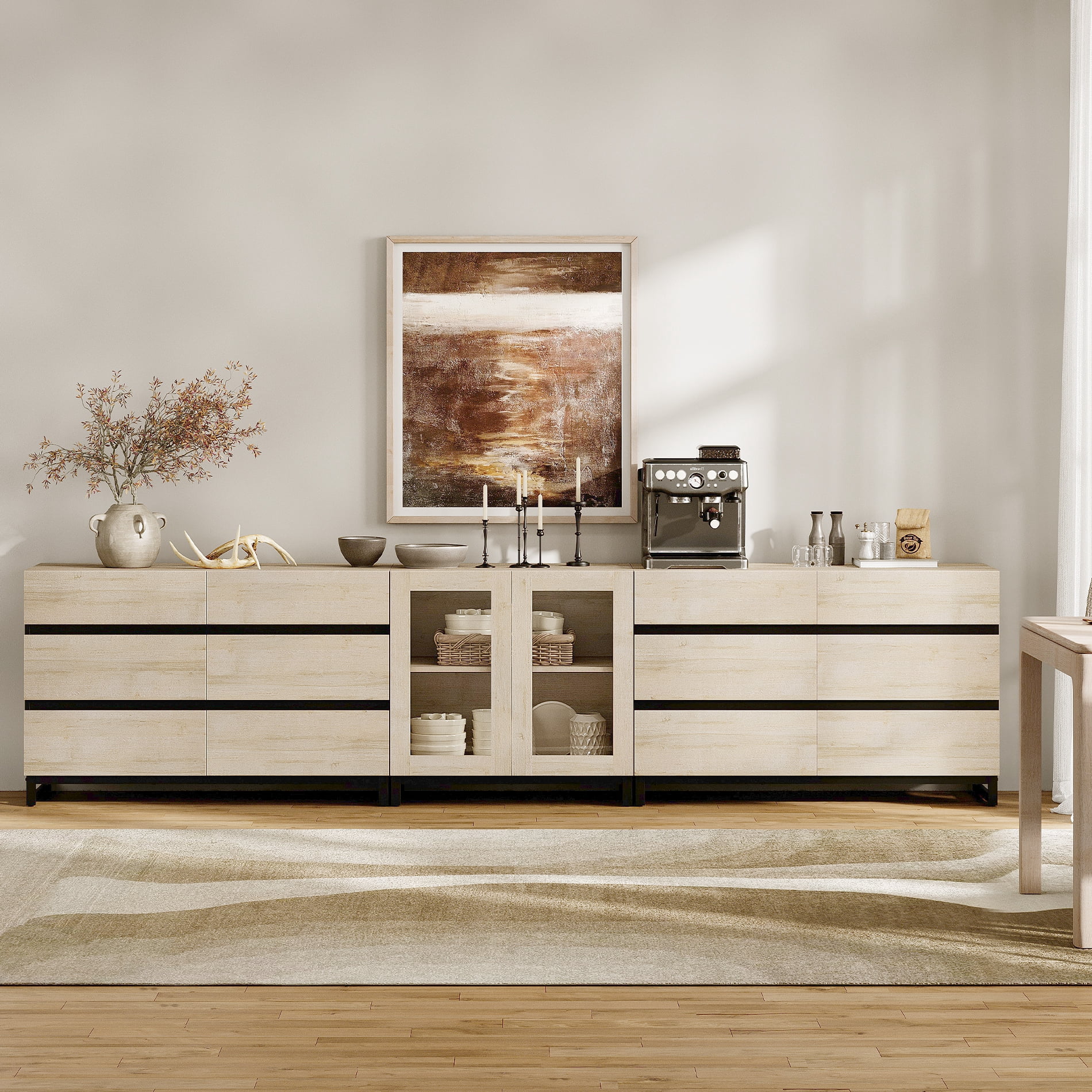 3-In-1 Multifunctional Sideboard Buffet with 12 Drawers, Modern Tempered Glass Door Credenza with Adjustable Shelf & Metal Base, Freestanding Coffee Bar Storage Cabinet for Kitchen Living Room