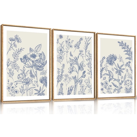 UNFFRAMED Luvia Set of 3 Classic Chinoiserie Floral Poster Wall Art, Blue and White Botanical Wildflower Prints for Living Room, Bedroom, or Office Set 3 Prints 8x12