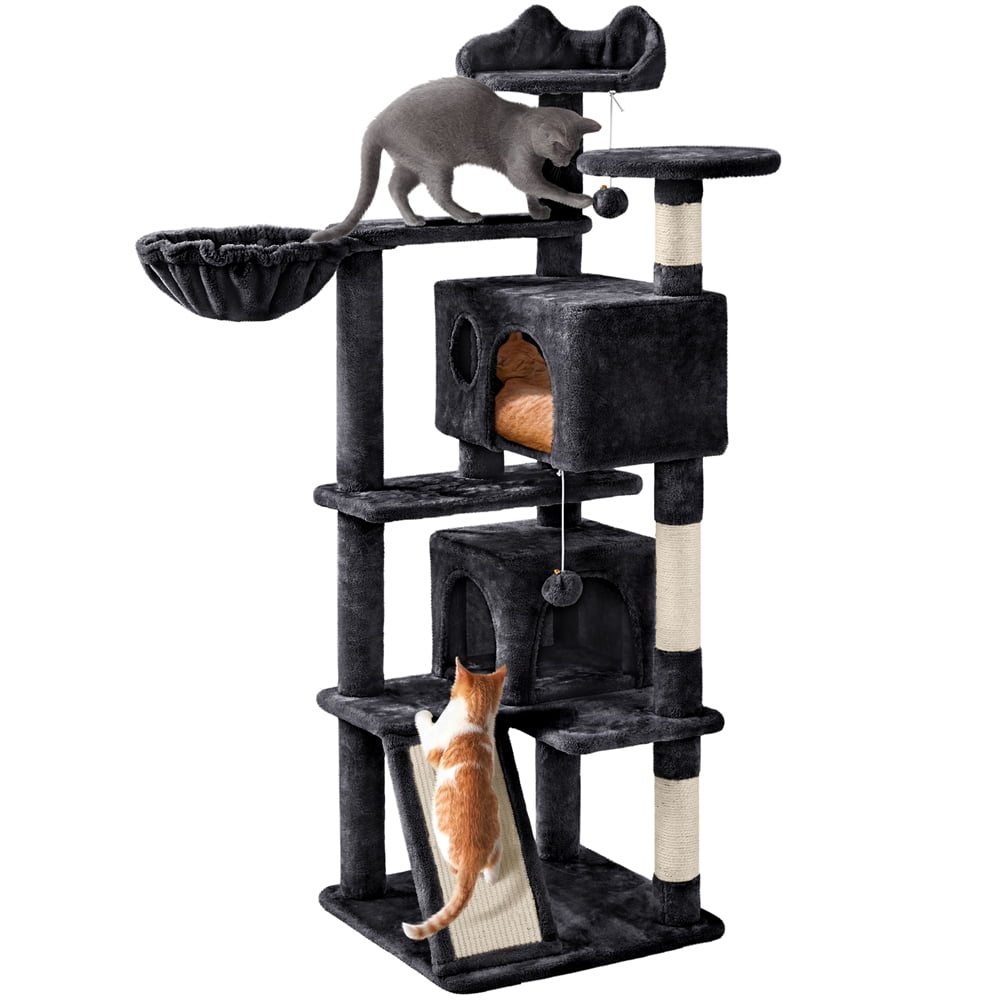 Alden Design 57"H Double Condo Cat Tree with Scratching Tower for Indoor Cats, Black