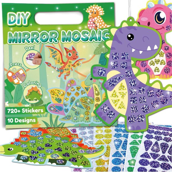Kit d'Artisanat Bricolage pour Enfants Dino Adventure : 10 Cartes d'Autocollants Mosaïque de Dinosaures Préhistoriques avec Autocollants Décoratifs Brillants, Dos à Colorier et Cordons Suspendus – Ensemble d'Art Éducatif pour Jeu Créatif, Compétence