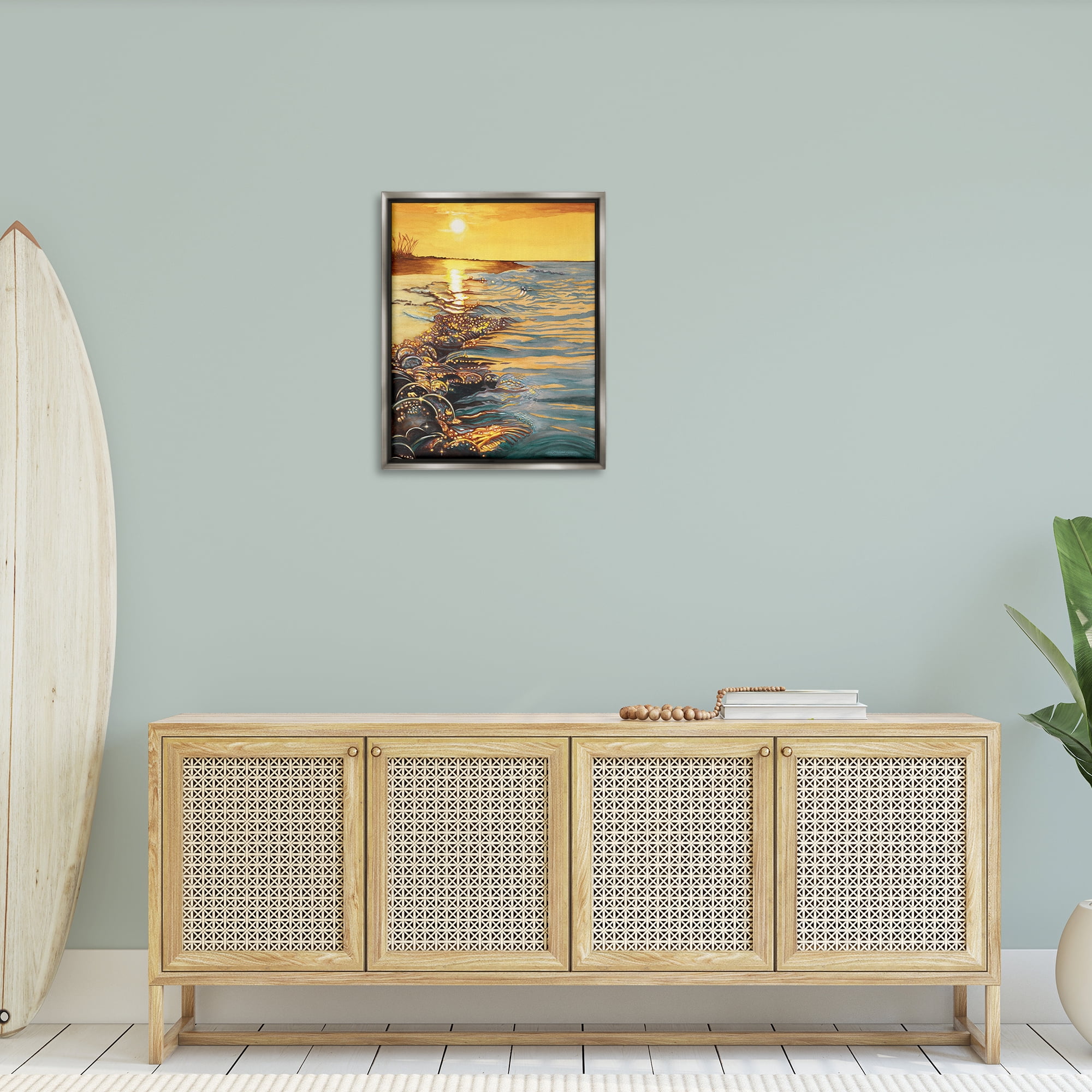 Stupell Industries Saltwater Beach Sunset Landscape Painting Gray Floater Framed Canvas Art Print Wall Art, 25 x 31