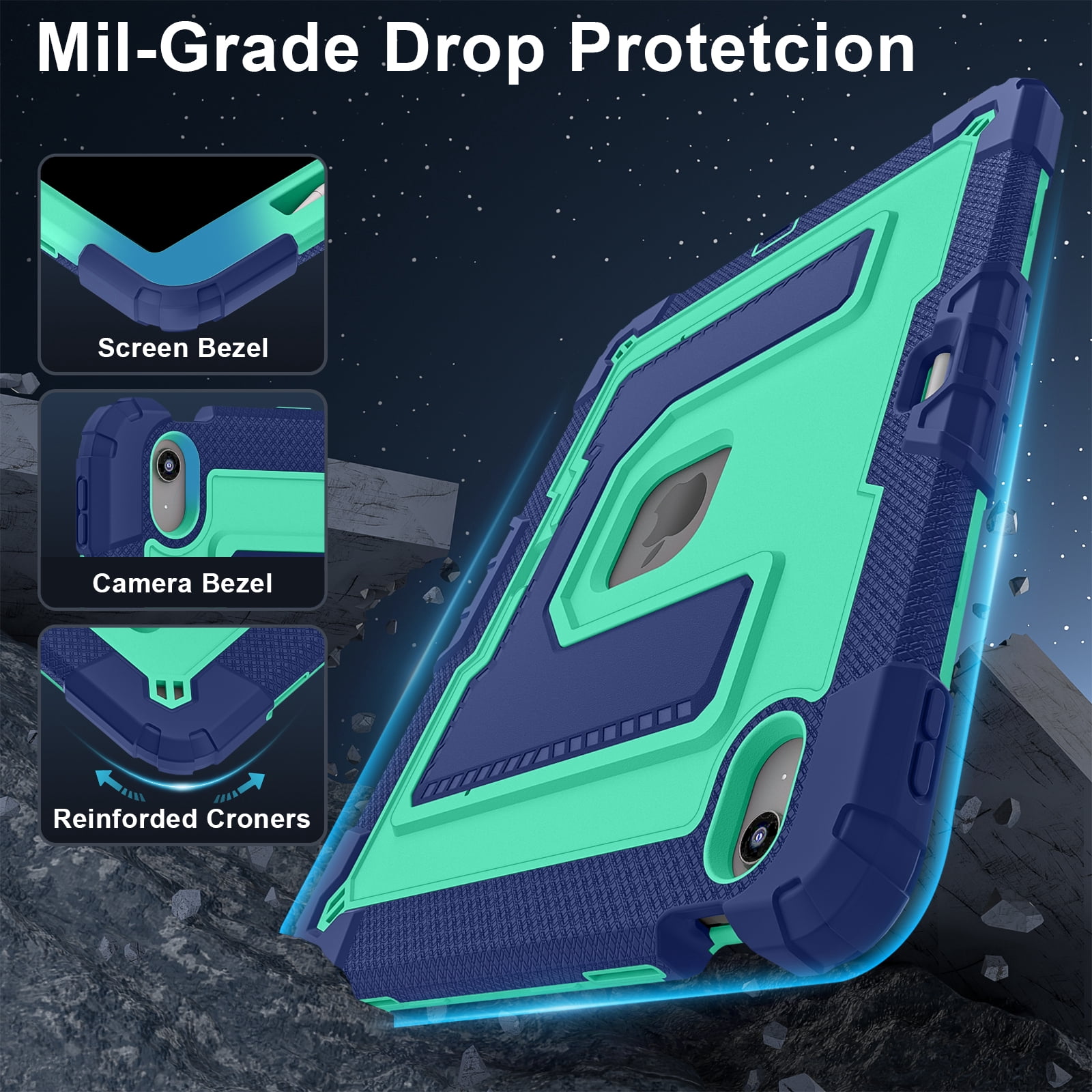 Rugged Case for Apple iPad Air 13 Inch M4 M3 M2 2026/2025/2024, Heavy Duty Tablet Case with Kickstand, Pencil Holder & Detachable Shoulder Strap, Black+Green