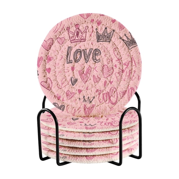 Haosy Set of 6 Drink Woven Coaster with Holder Heat Resistant Non-Slip Bar Coasters 4 Inches Doodle Love Hearts Crowns
