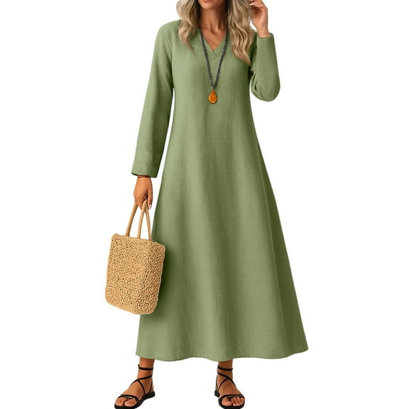 Fashion Cotton Lin Zipper Back Midi Dress Regular Sleeve Length V Neck Maxi Dress Women's Clothing A-Shaped Dress Sweet Slit Fitting Slim Evening Dresses Army Green L