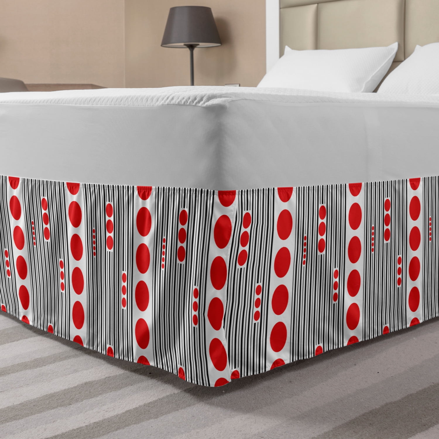 Modern Bed Skirt, Vertical Black Stripes and Big and Small Circles