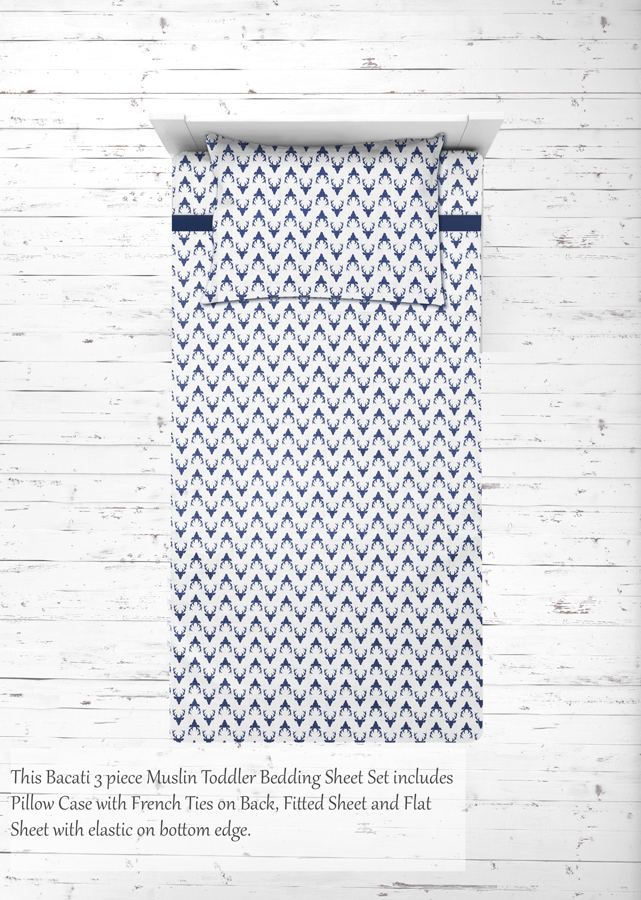 Bacati - Aztec/Tribal Navy 3-Piece 100% Cotton breathable Muslin Toddler Bedding Sheet Set, Bucks