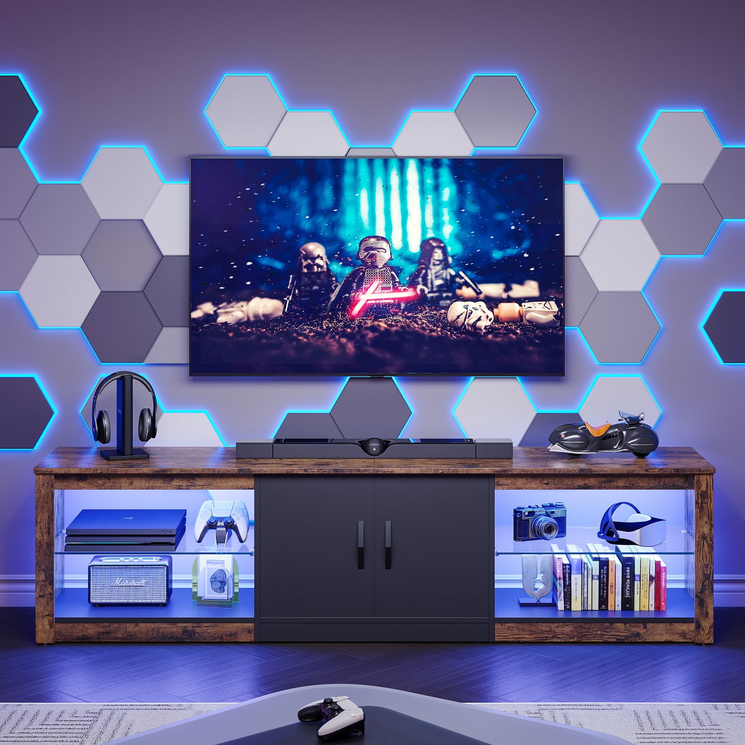 Bestier TV Stand for TVs up to 75" with Storage Cabinet, Gmaing Entertainment Center Media Console with LED Lights for Living Room, Rustic