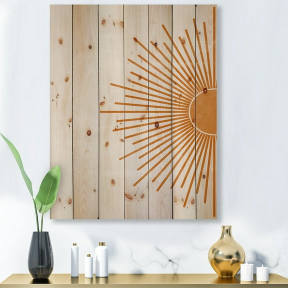 Designart 'Orange Sun Print On Beige I' Modern Print on Natural Pine Wood