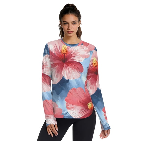 Hibiscus Bloom Women UPF 50  UV Shirts Long Sleeve with Thumb Holes Workout Sun Shirt Quick Dry Athletic Hiking Tops