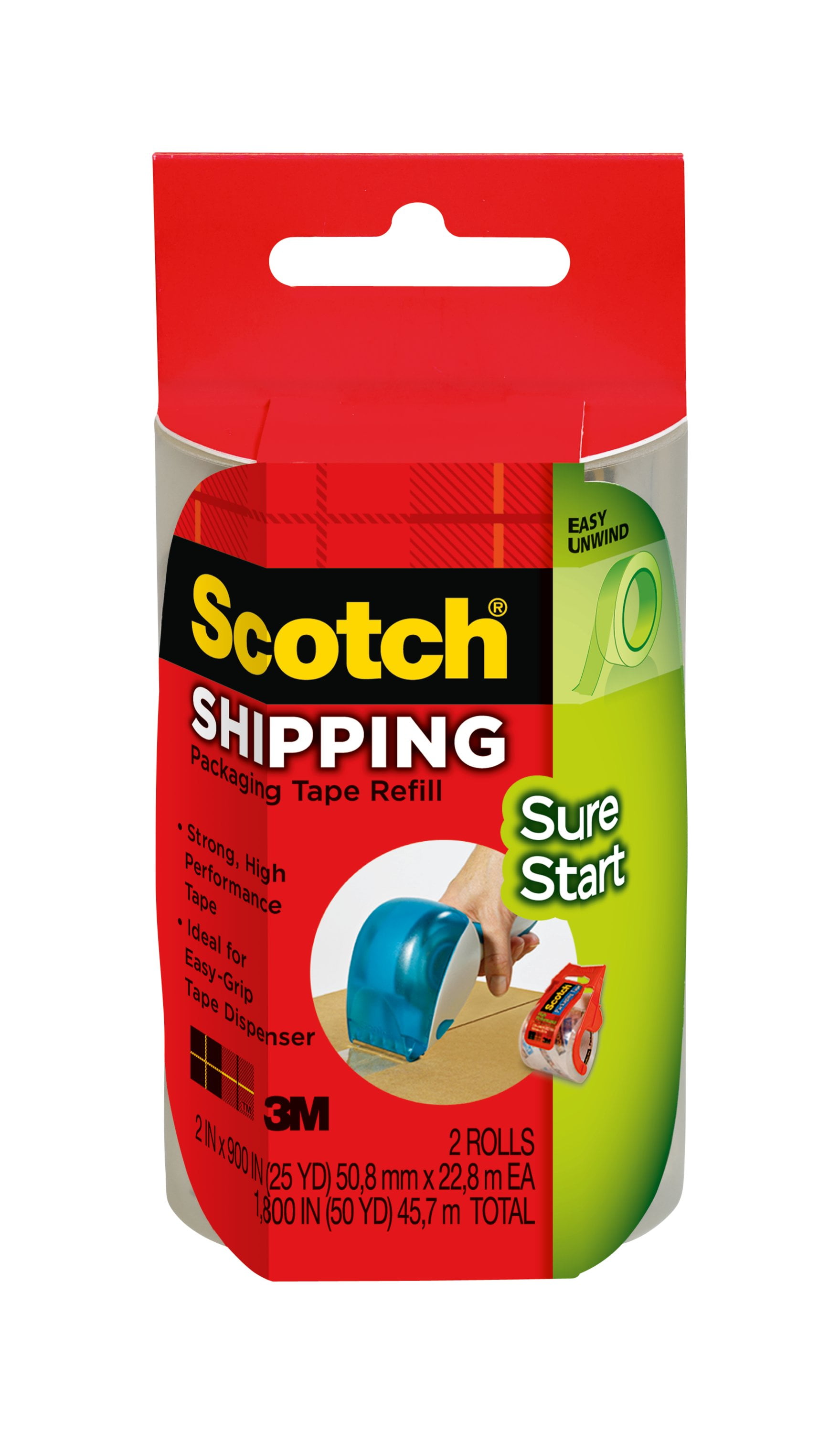 Scotch Sure Start Shipping Tape, 1.88 in. x 900 in., 2 Refill Rolls for