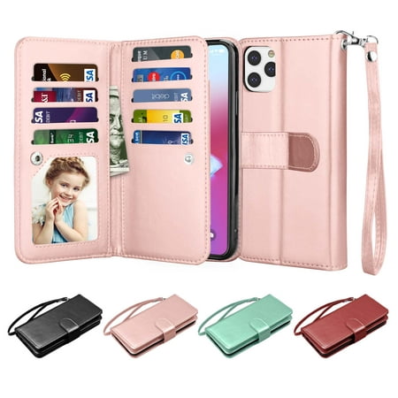 Njjex Wallet Cases for iPhone 11 Pro Max, iPhone 11 Pro, iPhone 11, Njjex [Wrist Strap] Luxury PU Leather Wallet Flip Protective Case Cover with 9 Card Slots & KickStand -Rose Gold