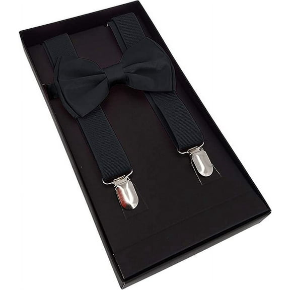 Black BOXED Suspenders and Bow Tie SET 1 Inches Wide Suspender Adjustable Strong Durable Any Occasion