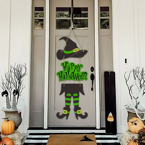 Witch Legs Door Decor - Halloween Hanging Sign Playful Witch Hat Cutout Party Wall Decoration Spooky Porch Accent Festive Gift(Green)