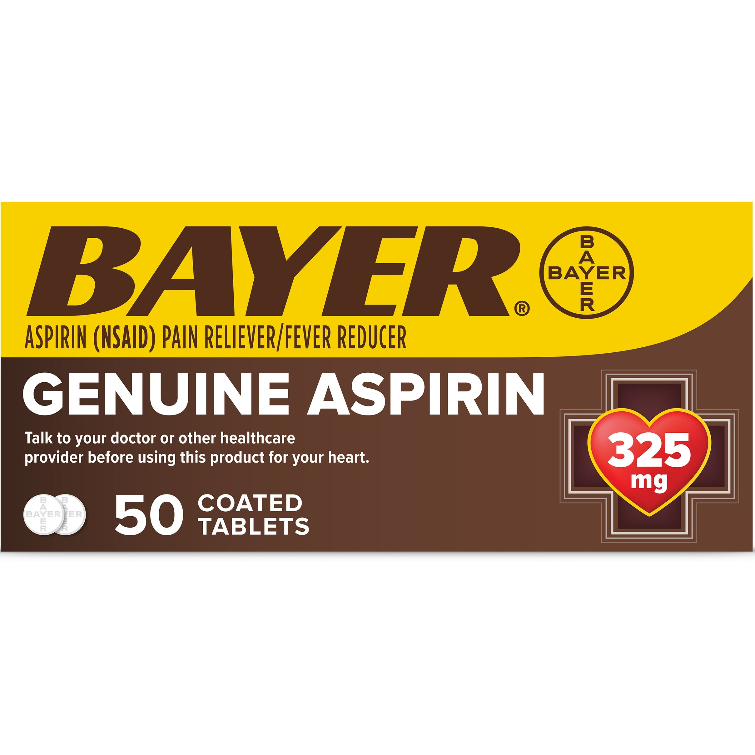 Genuine Bayer Aspirin Pain Reliever / Fever Reducer 325mg Coated Tablets, 50 Ct