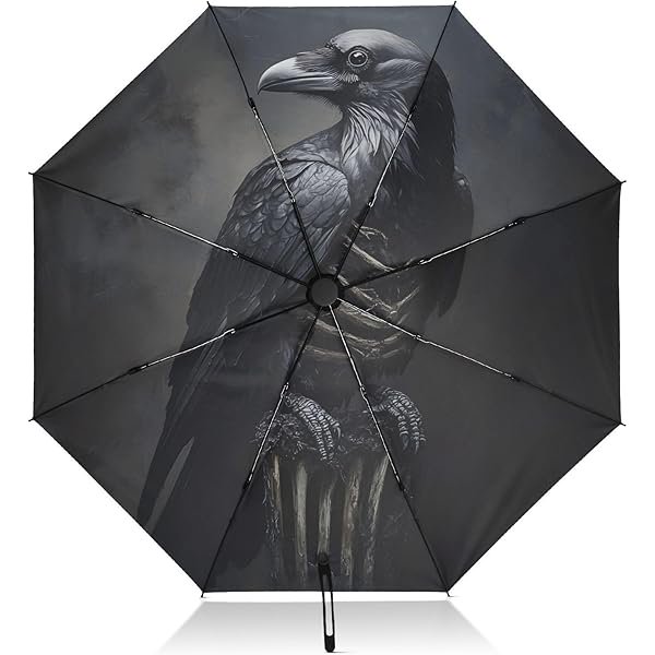 wonima02 UPF 50+ Large Travel Umbrella Gothic Raven Crow Black Compact for Rain and Sun - One-Click Automatic Open and Close - Windproof Portable 46” Sun Umbrella