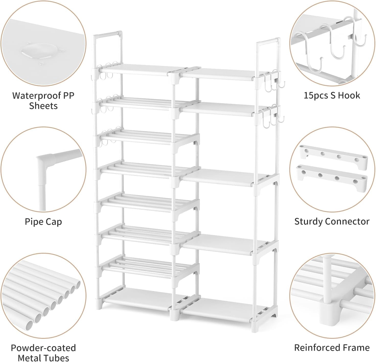 Shoe Rack Organizer, 8-Tier Metal Shoe Rack for Closet Entryway Garage, 26-32 Pairs Tall Shoe Boot Storage Shelf with 15 Hooks, Stackable Large Shoe Stand