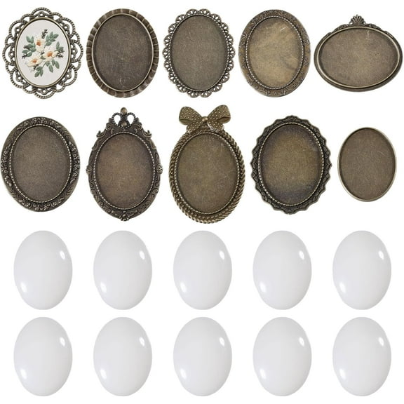10 Set 10 Style Embroidery Pendant Tray Set Embroidery Brooch Making Kits Round Bezel Pendant Trays Blank Frame for DIY Jewelry Making Crafts Projects Bronze