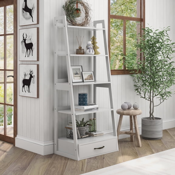 Stryi 5-Shelf and 1-Drawer Solid Wood Ladder Bookcase, White