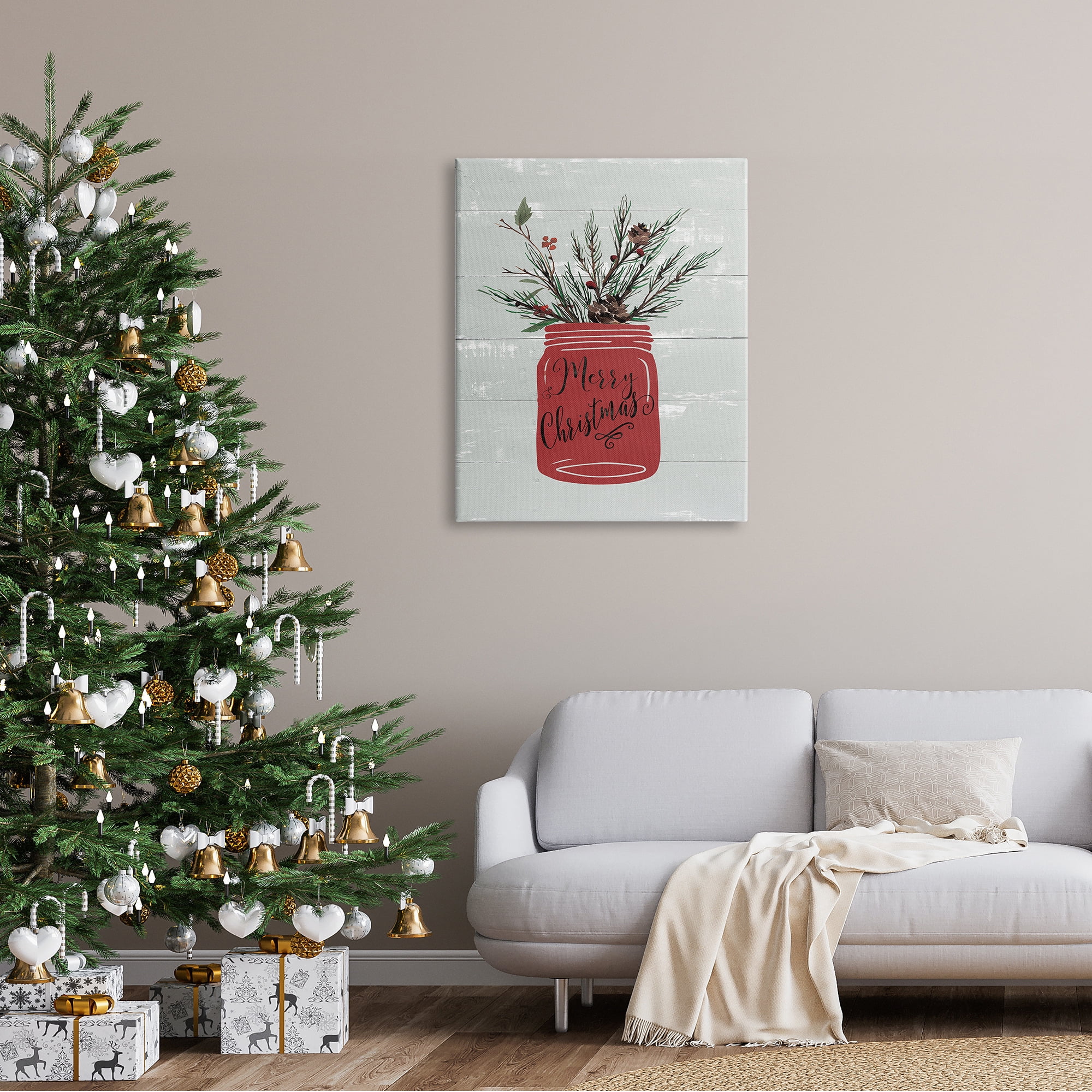 Red Merry Christmas Country Jar Winter Holly Pine Botanical & Floral Graphic Art Gallery-Wrapped Canvas Print Wall Art
