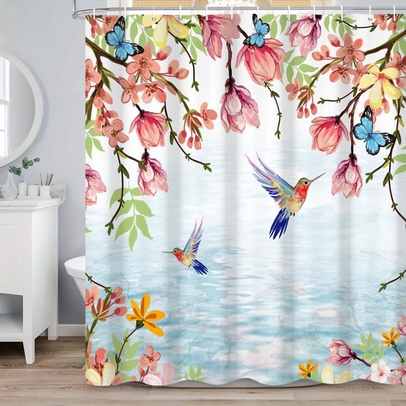MIZHONA Spring Floral and Birds Shower Curtain Hummingbird with Flower Fabric Waterproof Bathroom Curtain 72"W x 72"L