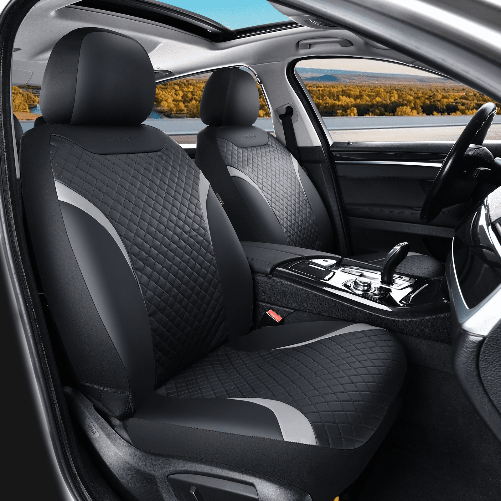 Coverado PVC&Fabric Car Seat Covers, Front Car Seat Protectors, 4 Pieces Universal Fit for Most Cars SUV Trucks, Black