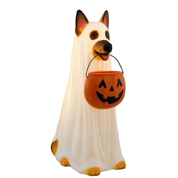 Spooky Cute Lighted Halloween Ghost Figurine with Pumpkin Candy Bucket, Resin Fall Decor for Indoor Mantel Shelf Porch Tabletop