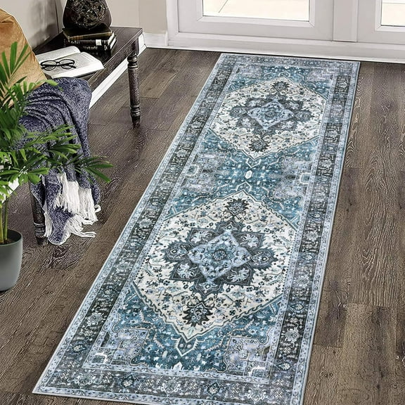 Area Rug 2x6 Vintage Medallion Entryway Mat Washable Boho Floral Hallway Runner Bedroom Bedside Laundry Indoor Oriental Non-Slip Kitchen Blue