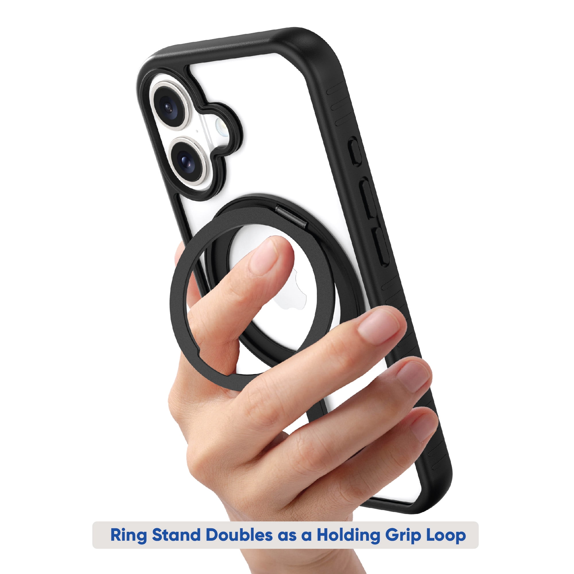onn. MagSafe Compatible Phone Case with Ring Stand for iPhone 16 Plus - Black/Clear